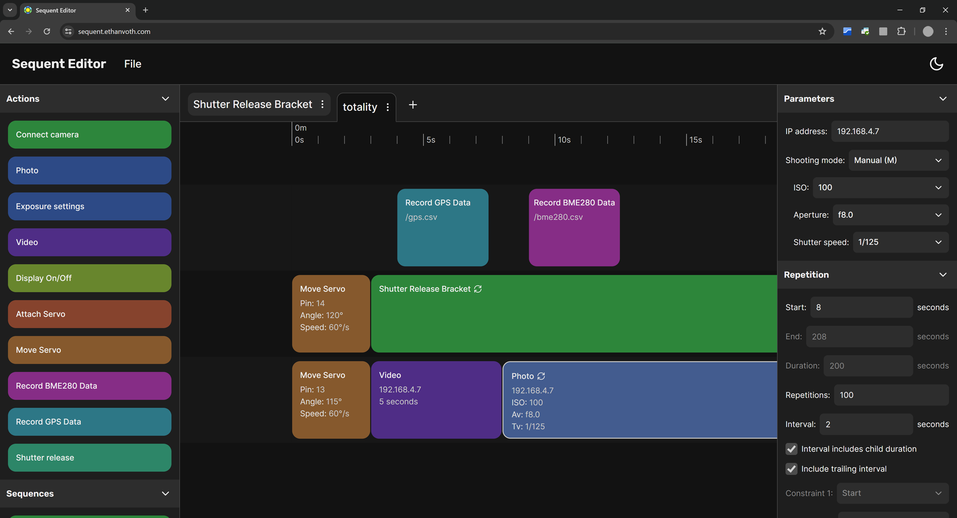 Screenshot of Sequent web editor showing various actions on the timeline